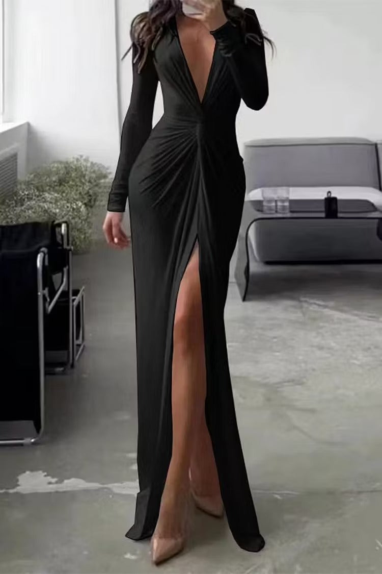 Stunning red formal V-neck long sleeve maxi gown for women, featuring an elegant side split for special occasions.