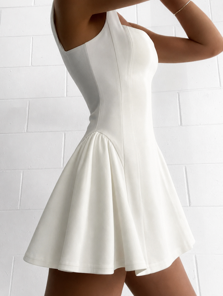 Sleeveless white A-line mini dress for women. Elegant square neck ideal for special occasions & parties.