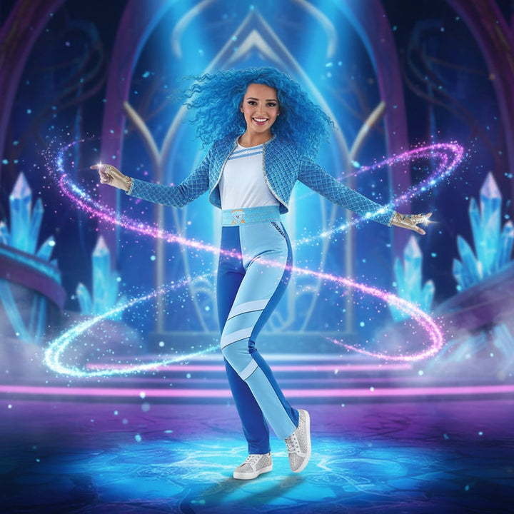Women's blue character cosplay costume jacket and pants set for fantasy wear & conventions.