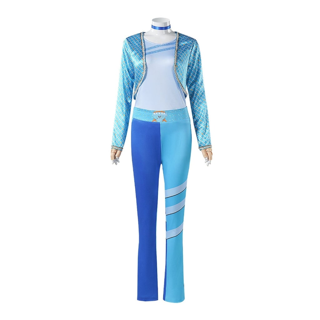 Complete women's blue fantasy character cosplay costume featuring a jacket and matching pants set.
