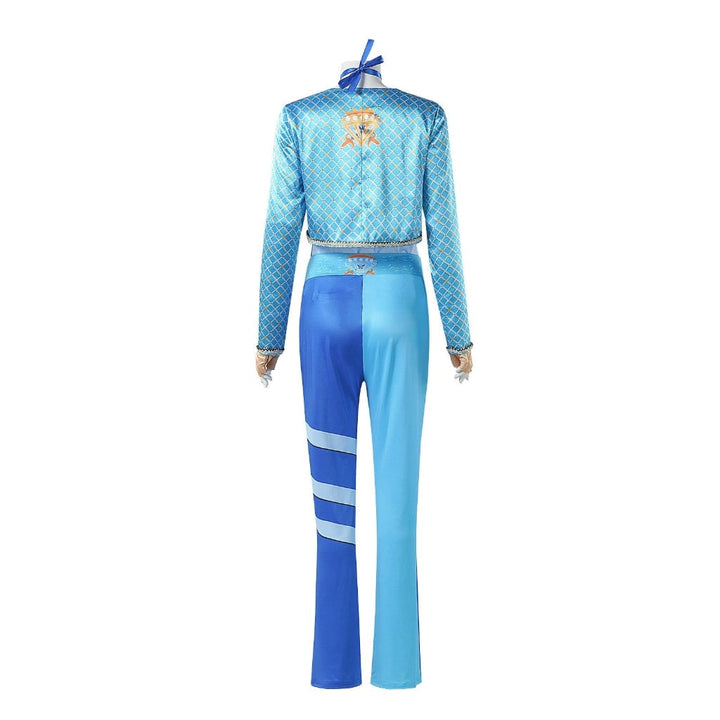 Vibrant blue women's cosplay costume jacket and pants set, perfect for character dress-up & parties.