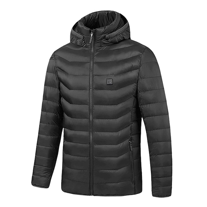Stylish women's heated puffer jacket with a cozy hood, ensuring warmth and comfort during winter outdoor activities.