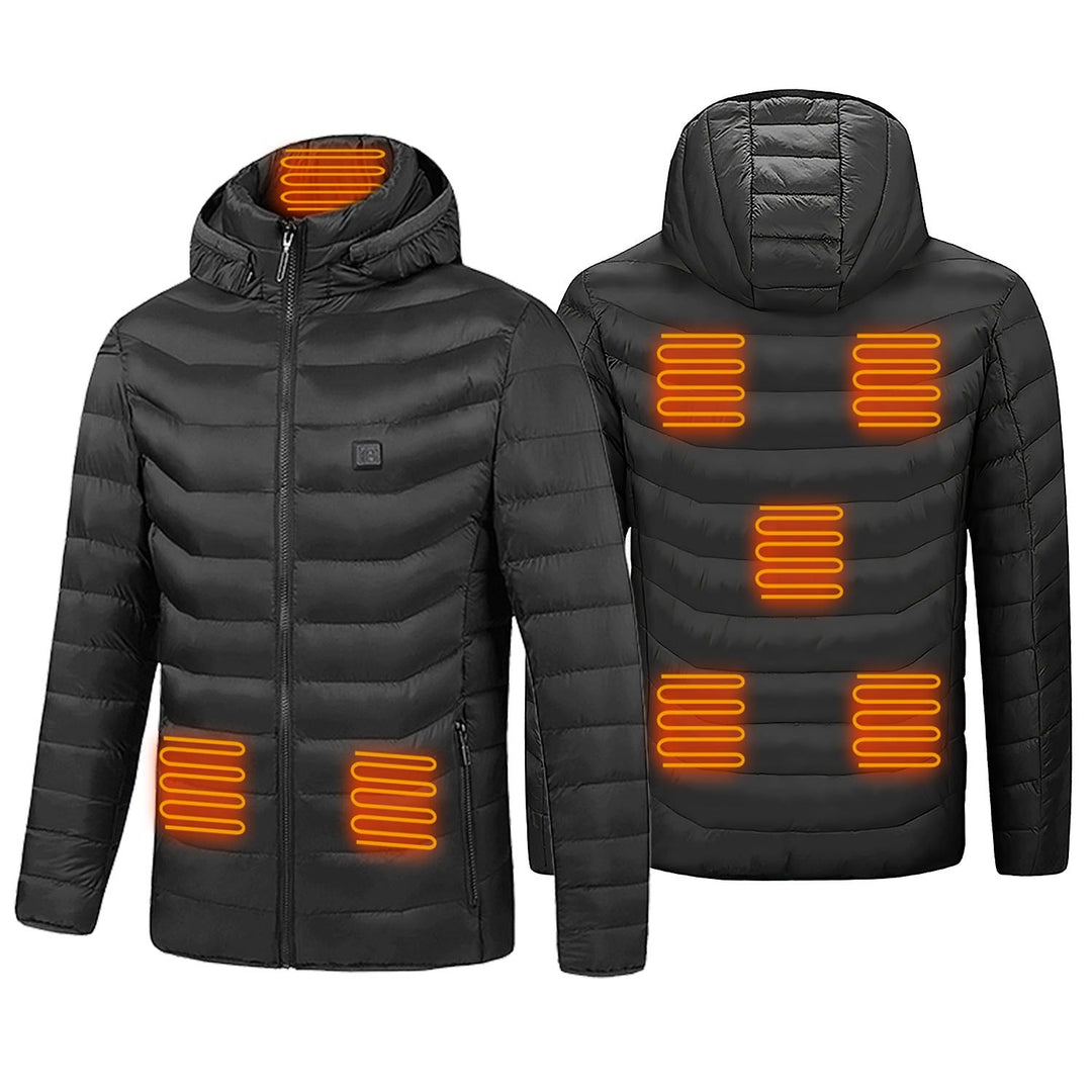 Women's heated hooded puffer jacket, ideal for winter. Electric heating provides ultimate warmth and comfort in cold weather.