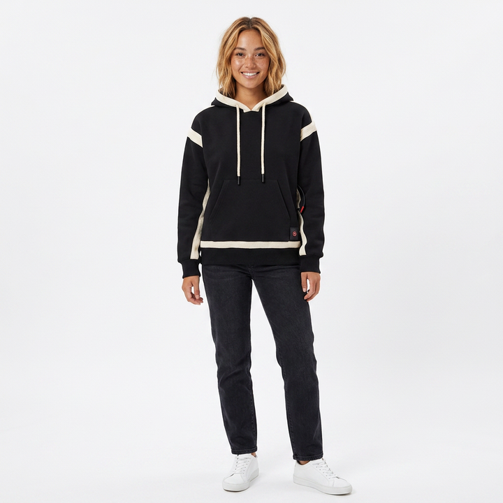 Activewear women's heated jacket with hood, USB-powered for reliable outdoor cold weather comfort.