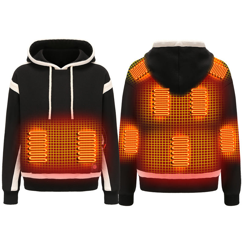 Women's USB heated jacket with hood, ideal for cold weather activewear & winter warmth.