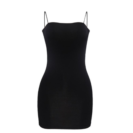 Chic black sleeveless bodycon mini dress with spaghetti straps, ideal for cocktail or evening wear.