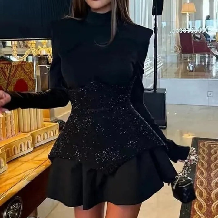 Shimmering women's corset mini dress with a tiered ruffled skirt, an elegant choice for homecoming, parties & date night.