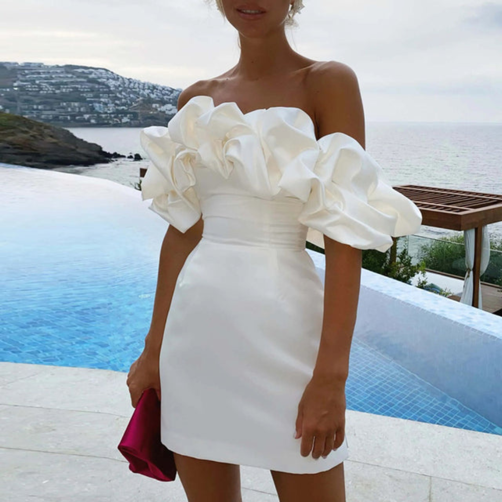 Women's strapless homecoming mini dress, elegant ruffle design with dramatic off-shoulder sleeves.