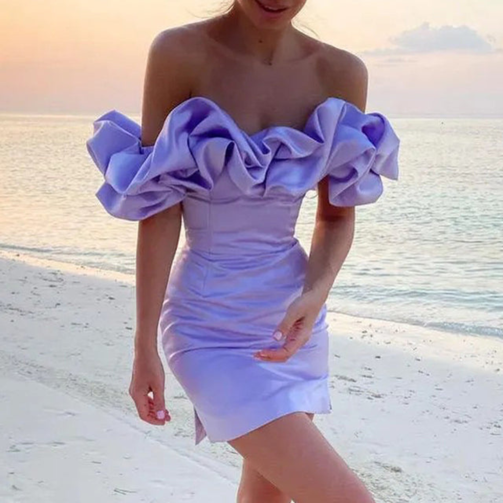 Stylish women's short party dress: strapless ruffle mini with dramatic off-shoulder detail. Ideal for homecoming.