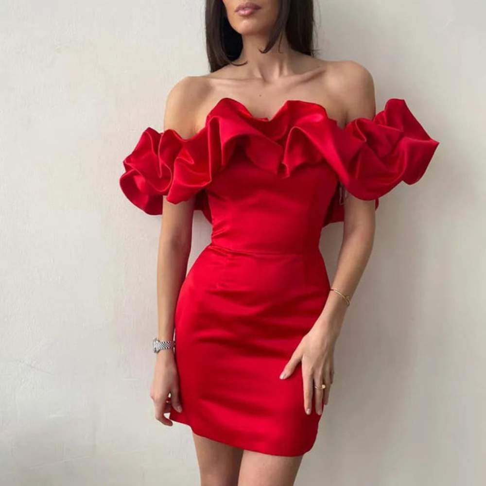 Elegant women's homecoming dress, ruffle mini with strapless and dramatic off-shoulder details for events.
