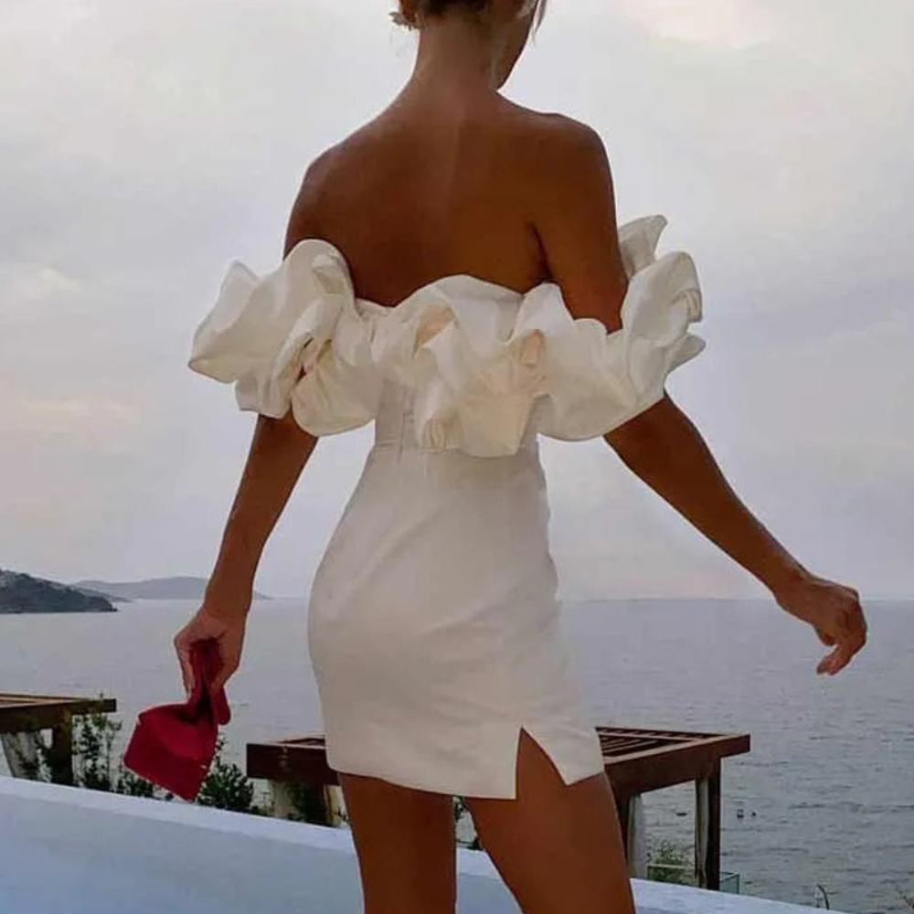 Sophisticated women's off-shoulder ruffle mini dress. A beautiful strapless short formal or homecoming party dress.