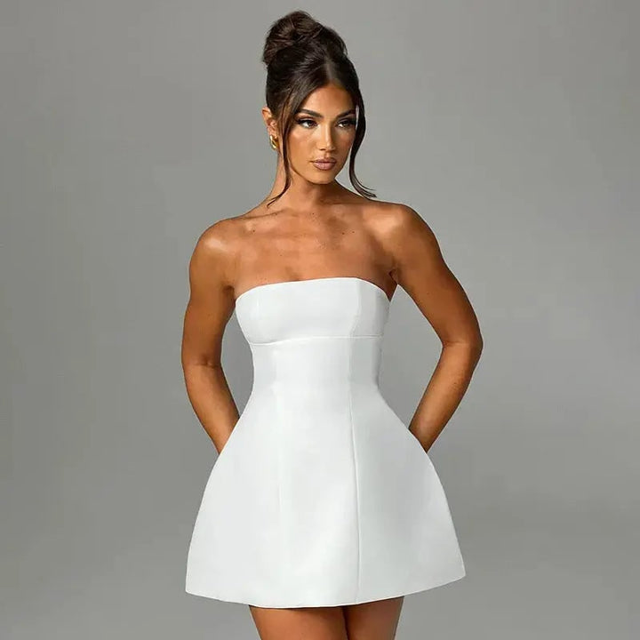 Women's strapless A-line homecoming mini dress with structured bodice. Perfect for parties & special occasions.