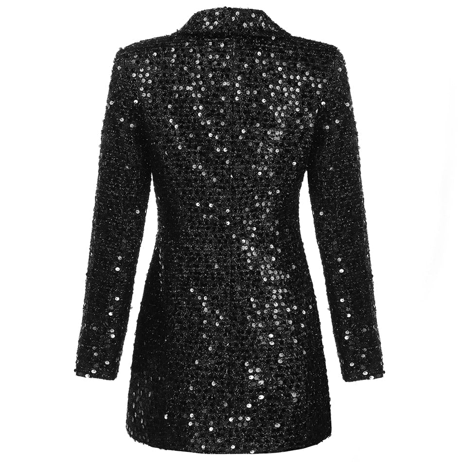 Sparkling women's double-breasted sequin blazer mini dress. Features long sleeves and a chic V-neck for parties.