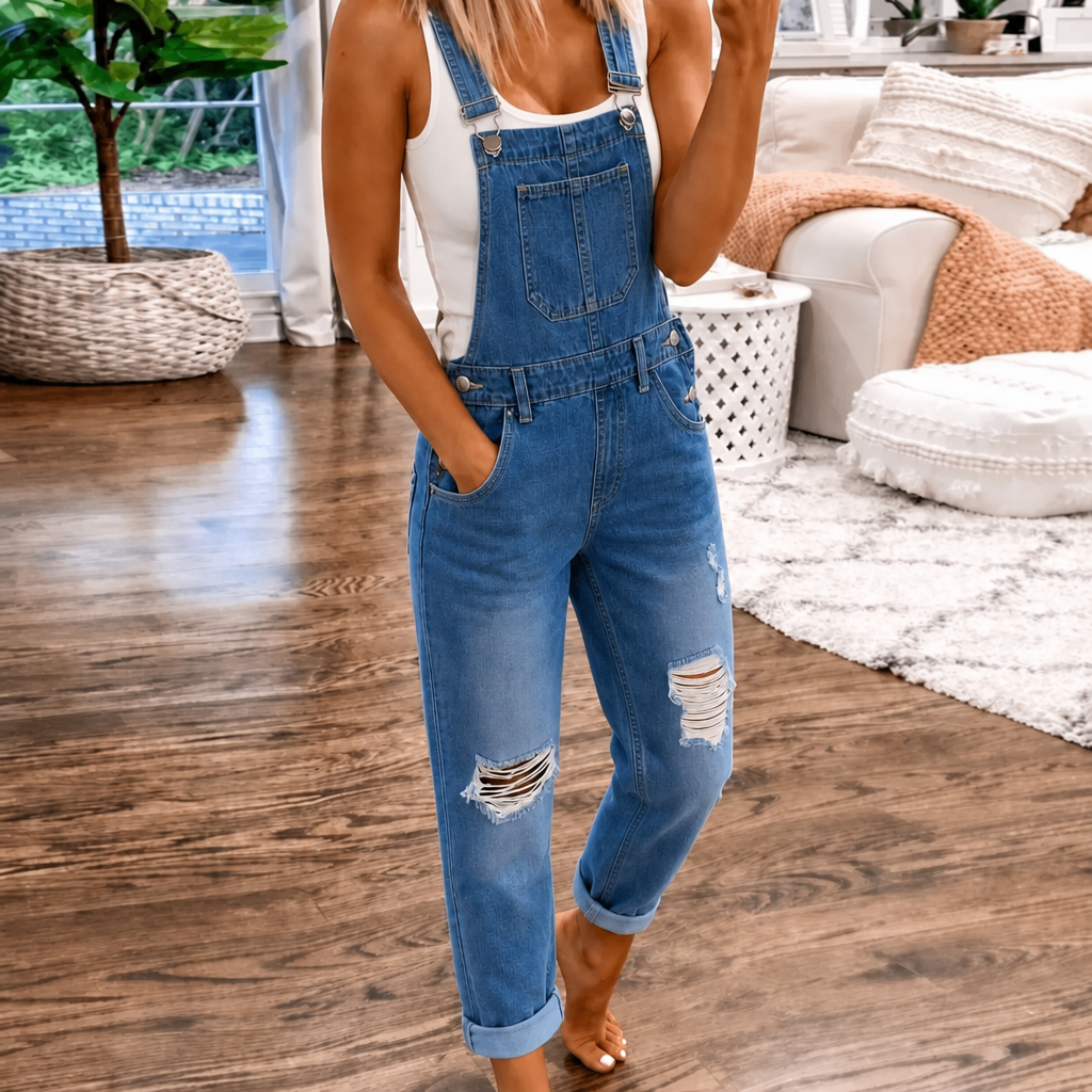 Women's casual straight leg jumpsuit with bib pocket. Relaxed fit for spring/summer everyday wear.