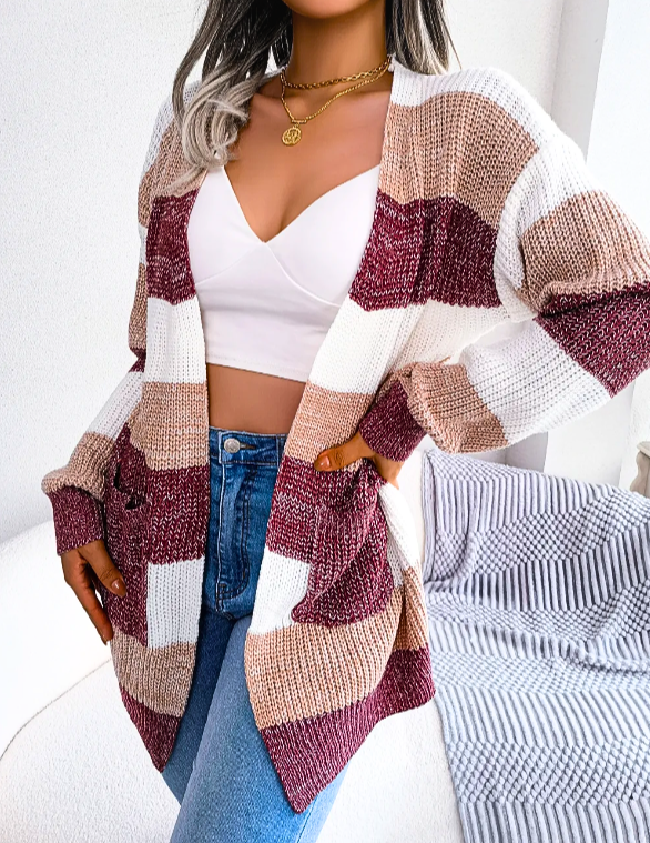 Women's soft knit open-front cardigan with eye-catching color block stripes, a cozy and stylish layering piece.