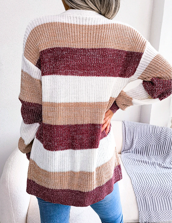 Women's open-front cardigan with multi-color block stripes, soft knit, a stylish and cozy layering piece.