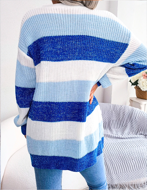 Cozy open-front knit cardigan for women, stylish color block stripes, perfect for casual wear.