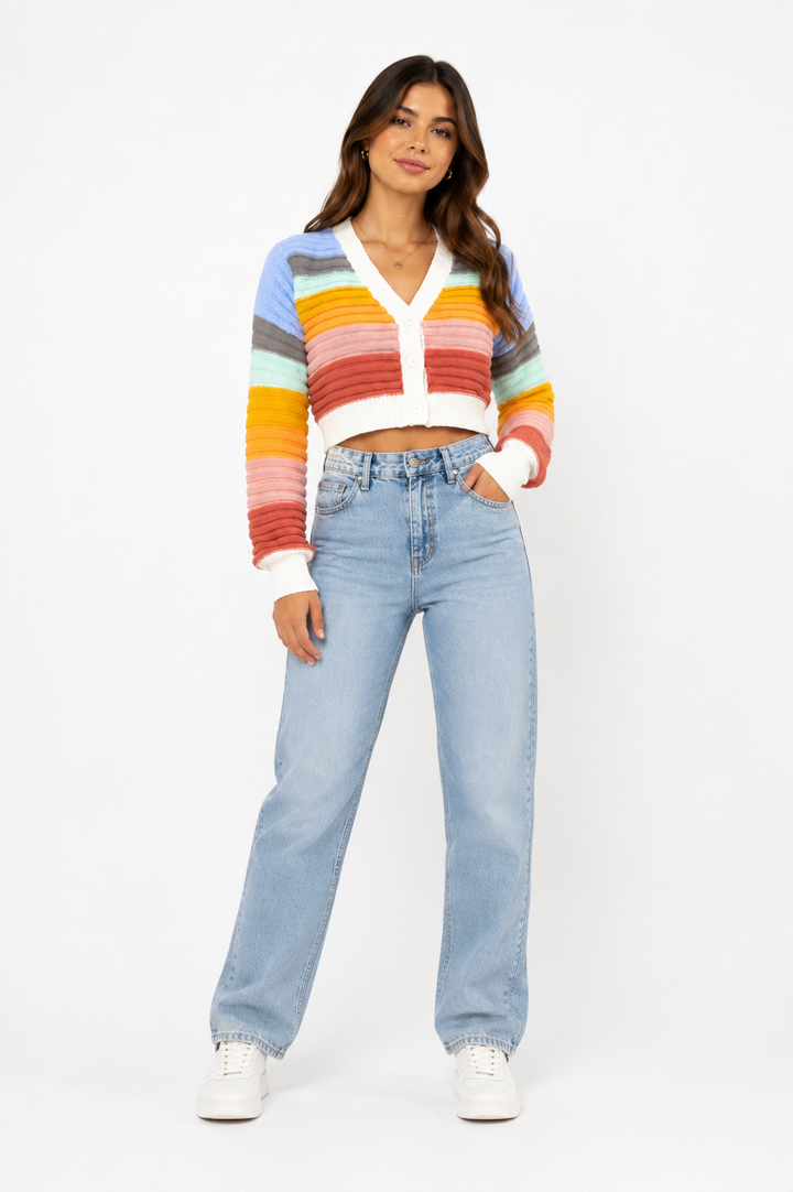 Fashionable women's button-up rainbow stripe cardigan. Vibrant, colorful casual wear, great layering piece for autumn/spring.