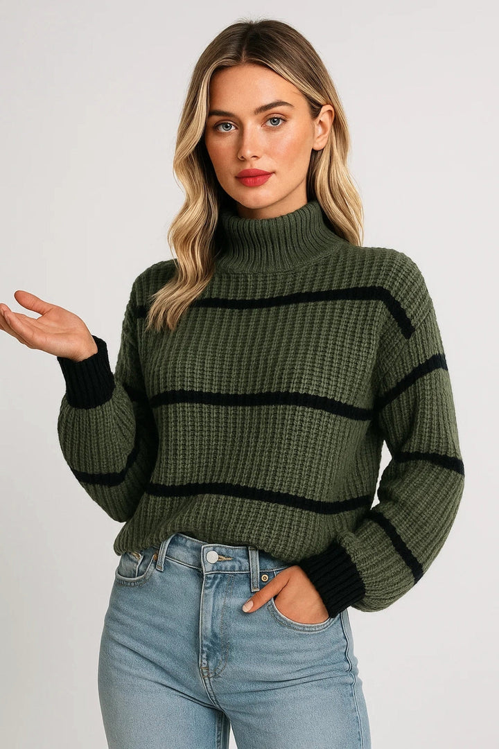 Chic women's striped knit jumper, a cozy mock neck top for effortless warmth & stylish casual layered looks.