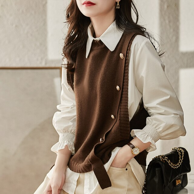 Chic knitted women's pullover vest with elegant side button detail, ideal for winter layering outfits.