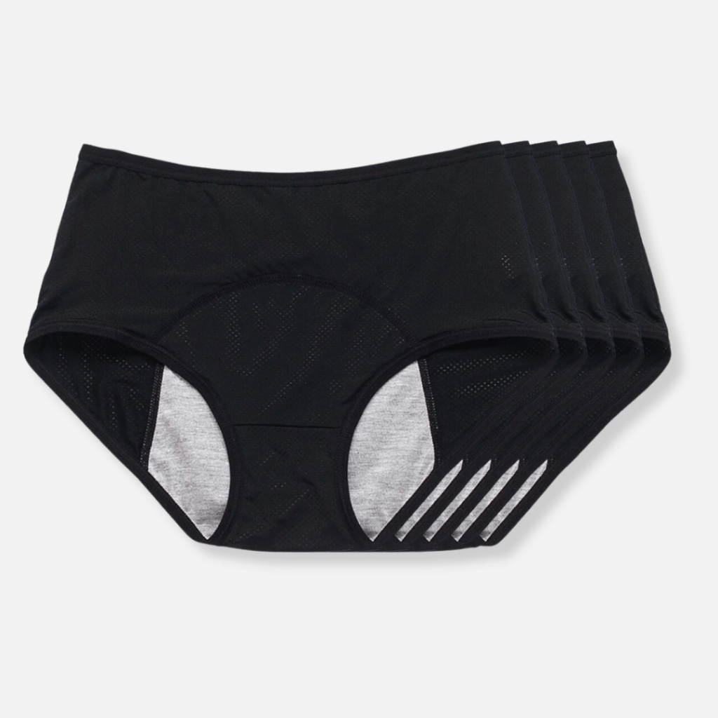 Multi-pack women's absorbent underwear, leak-proof for comfortable and discreet daily protection.