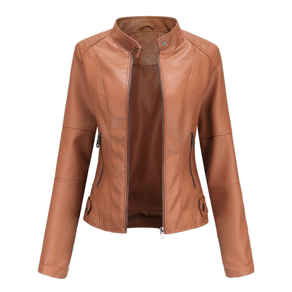 Versatile women's mandarin collar leather jacket, perfect for a chic and modern evening outerwear ensemble.