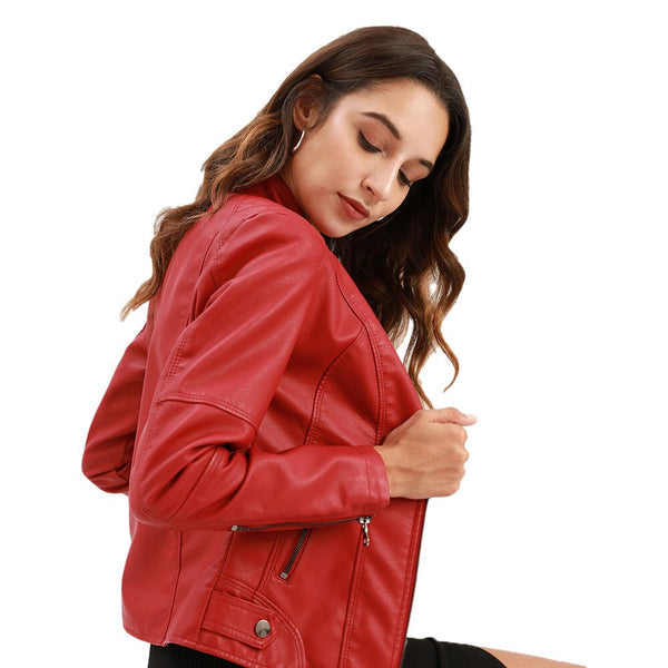 Stylish women's black leather jacket with a modern mandarin collar, perfect for versatile spring and fall fashion.