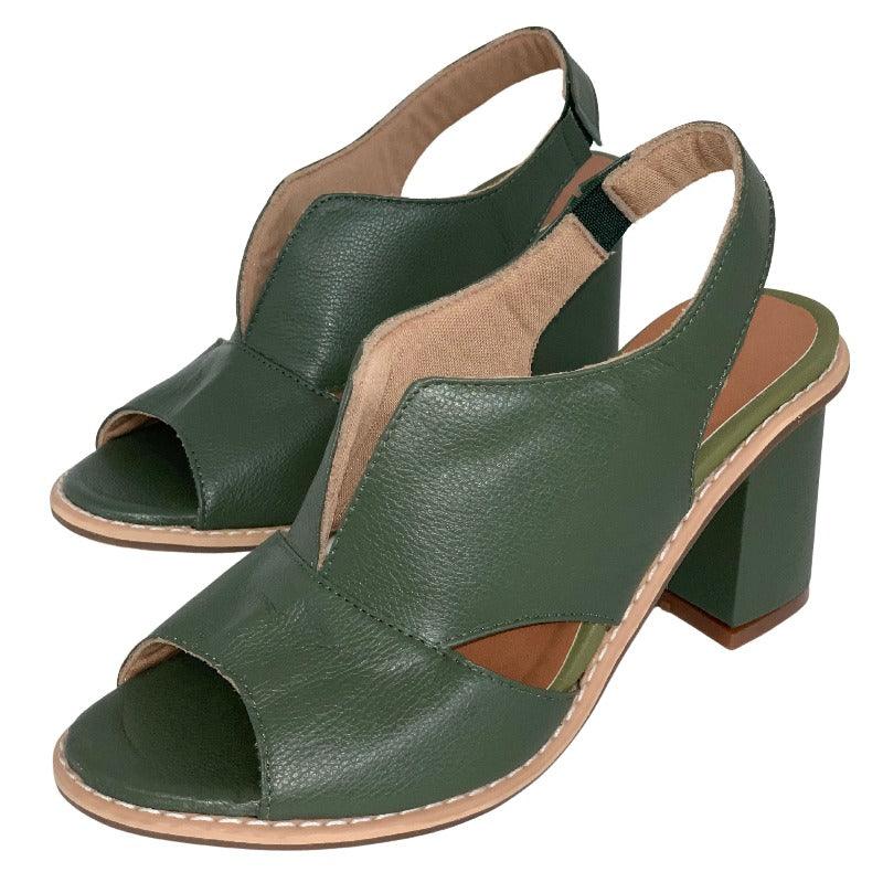 Side view of women's Selina heeled sandals highlighting the comfortable heel height and supportive sole.