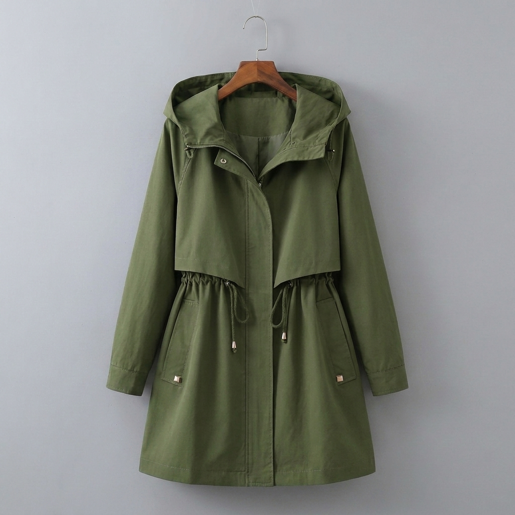 Womens long hooded rain jacket, waterproof & versatile. Features adjustable drawstring for a flattering fit. Ideal weather protection.