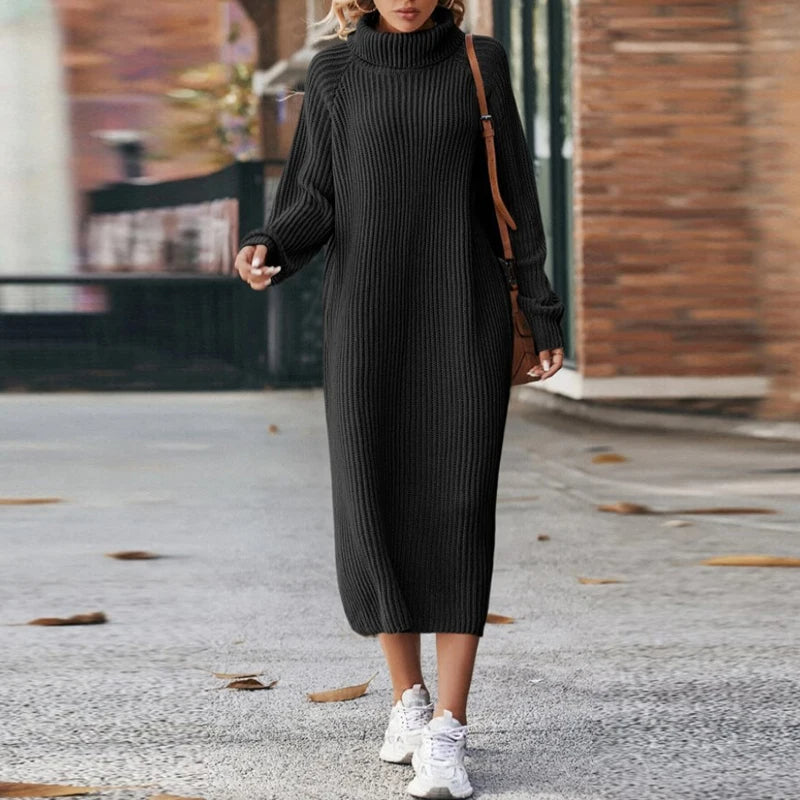 Women's elegant long sleeve roll neck midi knit dress, a versatile piece for winter and autumn style.