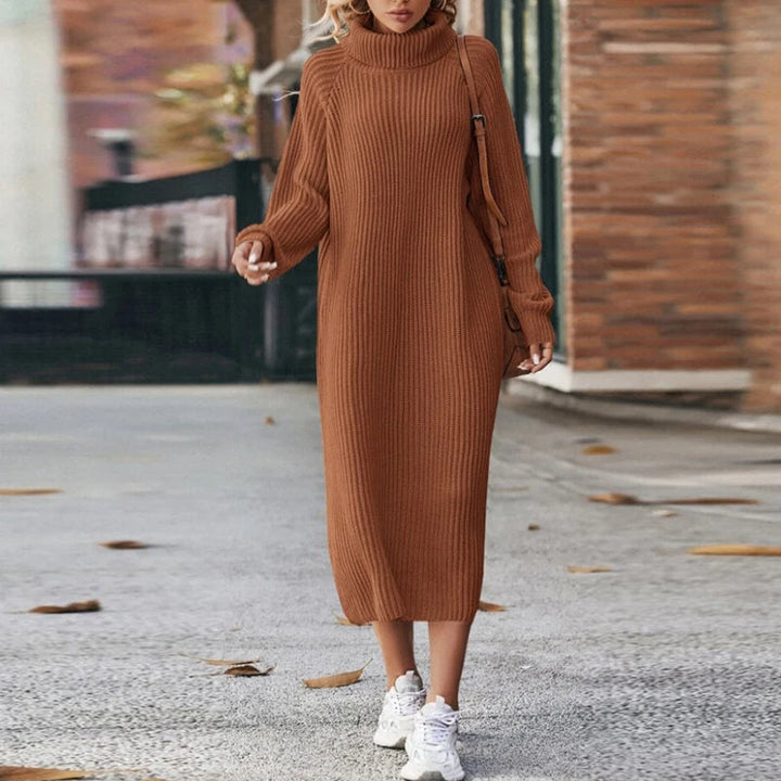 Elegant women's roll neck knit midi dress with long sleeves, perfect for winter & autumn fashion.