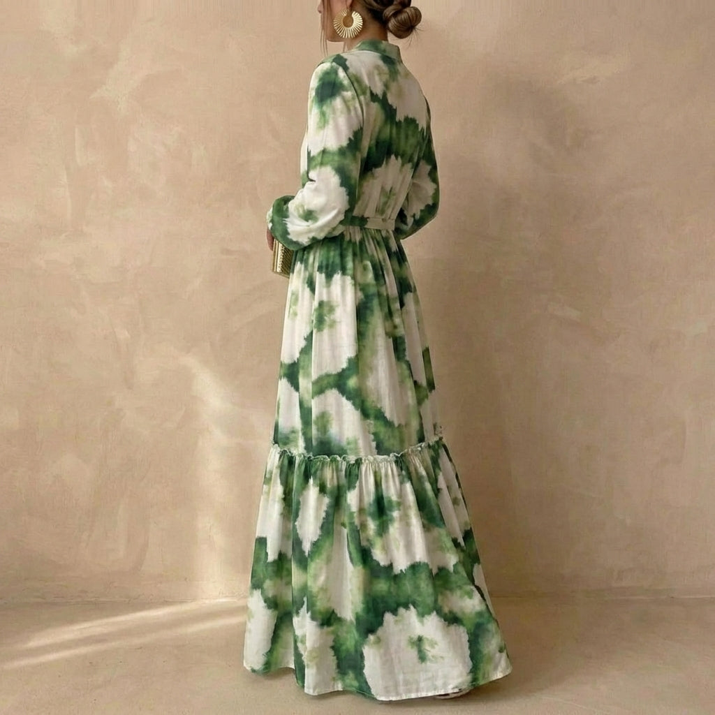 Flowy Women's Boho tiered long sleeve maxi dress with abstract print. Effortless style, ideal for spring & fall.