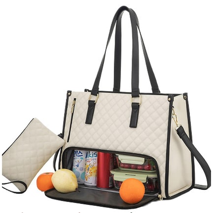 Women's quilted insulated lunch tote bag with a chic design, perfect for work or travel. Includes matching wristlet.