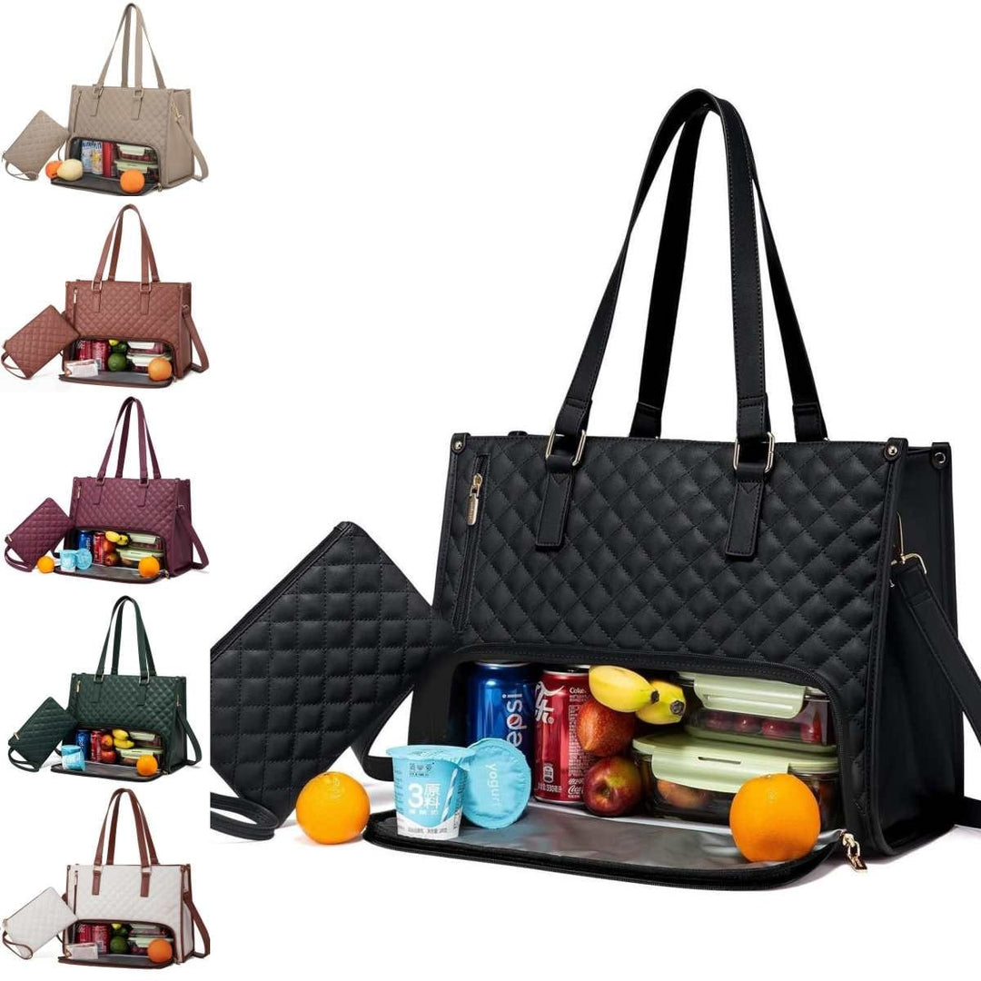 Fashionable women's quilted insulated lunch tote, a perfect blend of style and utility. Includes matching wristlet.
