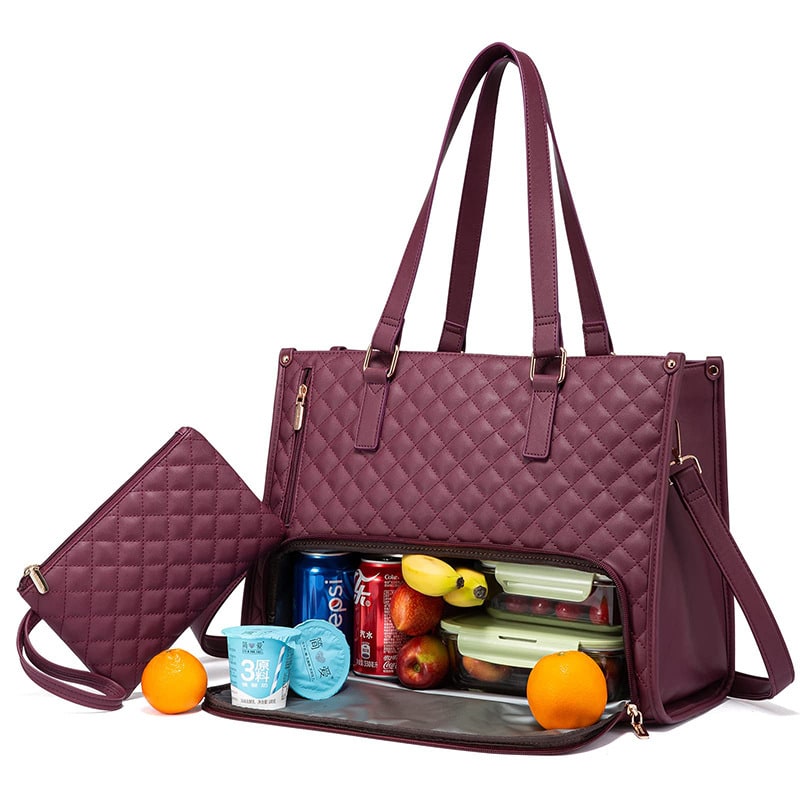 Stylish women's quilted lunch bag, insulated for meals on-the-go. Features a convenient matching wristlet purse.