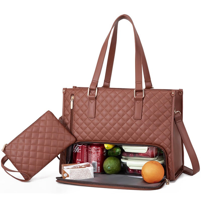 Women's quilted insulated lunch tote bag paired with a matching wristlet, perfect for carrying essentials.