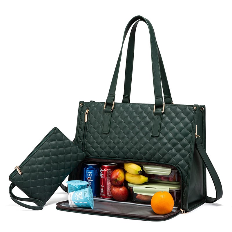 Elegant women's quilted insulated work bag, perfect for office lunches. Complete with a chic matching wristlet.