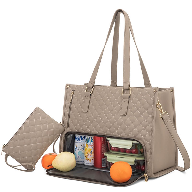 Designer-style quilted insulated lunch tote bag for women, featuring a matching wristlet for essentials.