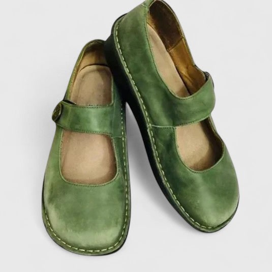 Women's comfortable Mary Jane flats with adjustable strap, cushioned insole for everyday wear & foot support.