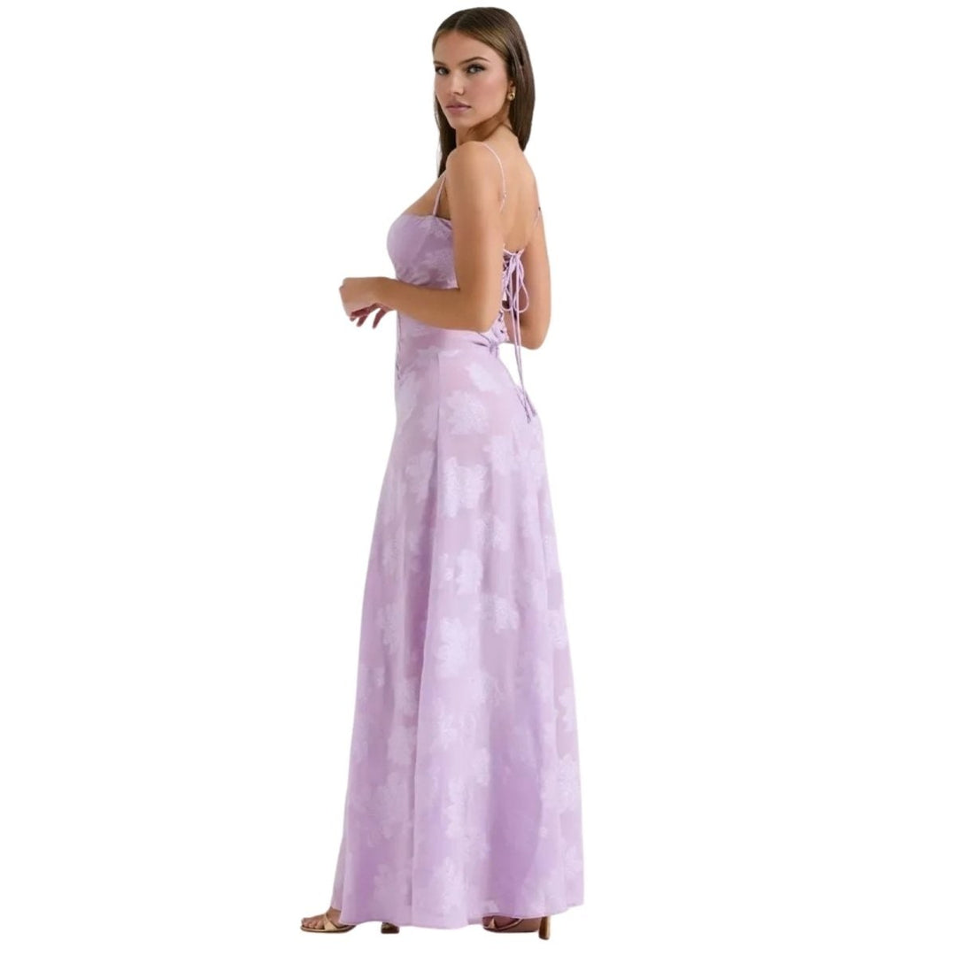 Flowing women's formal maxi dress, an elegant evening gown with spaghetti straps for events.