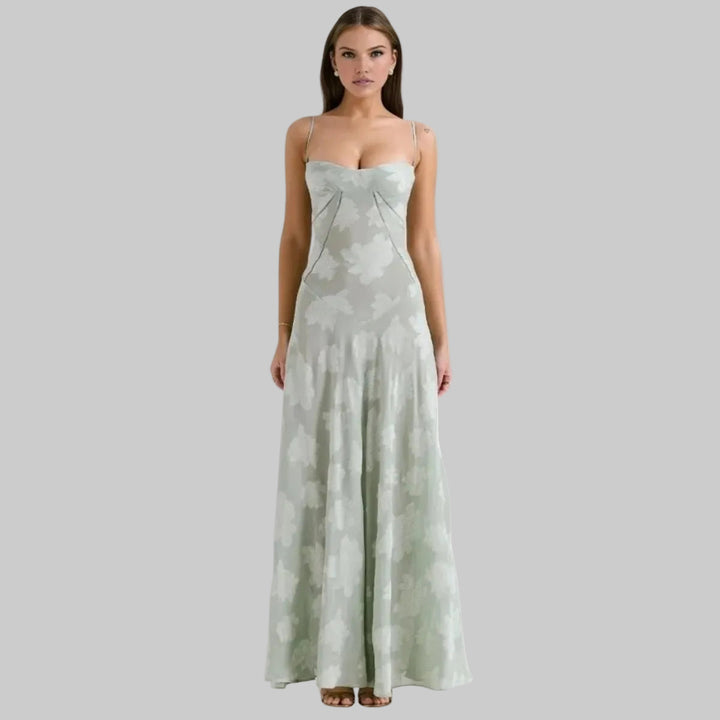 Elegant formal maxi dress for women, ideal wedding guest attire or special occasion evening gown.