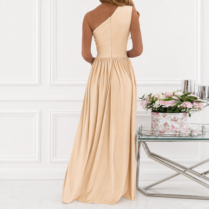 Elegant women's one-shoulder maxi dress with a tasteful split. Ideal long dress for formal occasions.