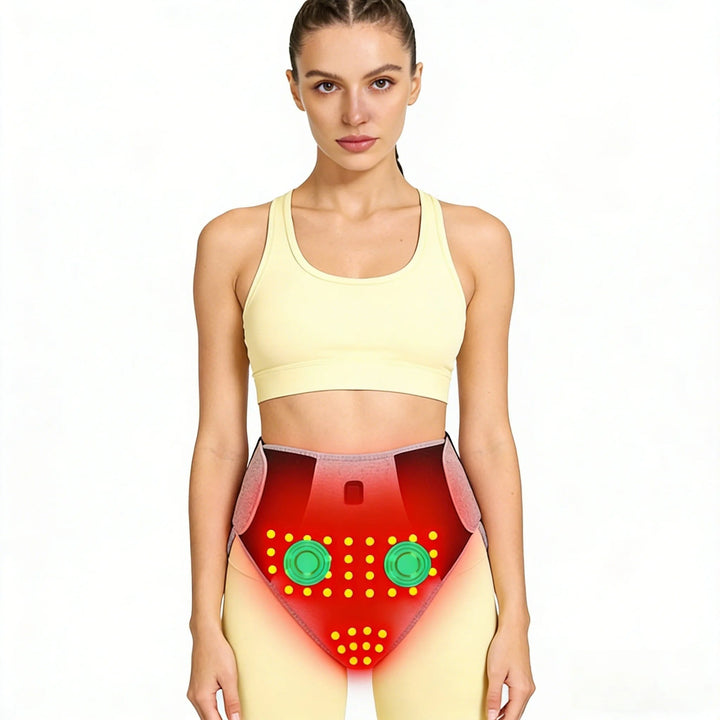 Women's wearable heating pad for menstrual cramp and back pain relief. Portable heated apparel with comfort.