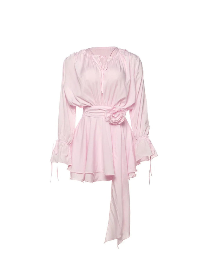 Stylish women's pink mini dress with elegant long sleeves, a beautiful rose belt, perfect for parties & occasions.