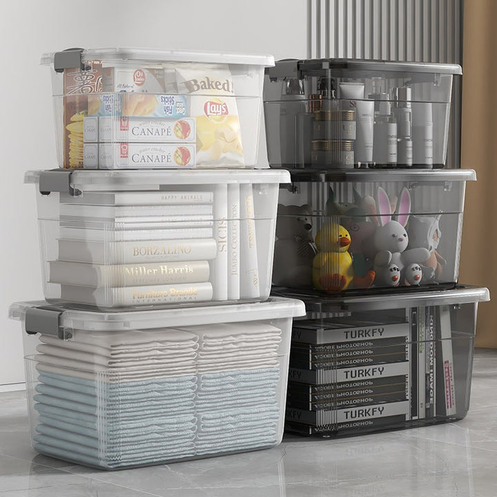 Rolling stackable clear plastic storage bin with latching lid and handle for easy home organization.