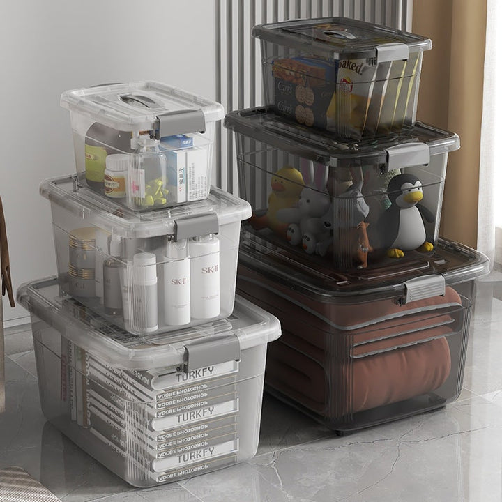 Clear rolling plastic storage container with wheels and a latching lid, perfect for stackable home organization.
