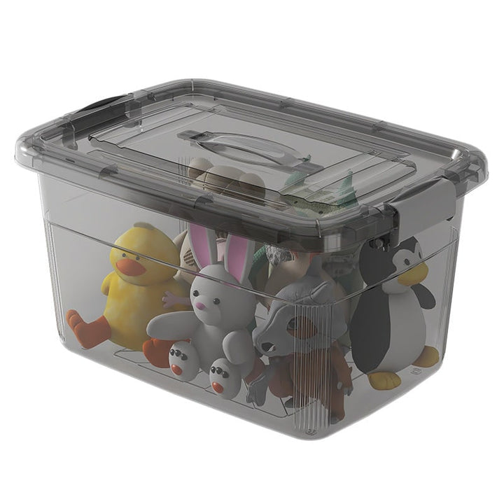 Transparent rolling storage bin with latching lid & wheels, designed for clear, stackable organization in any room.
