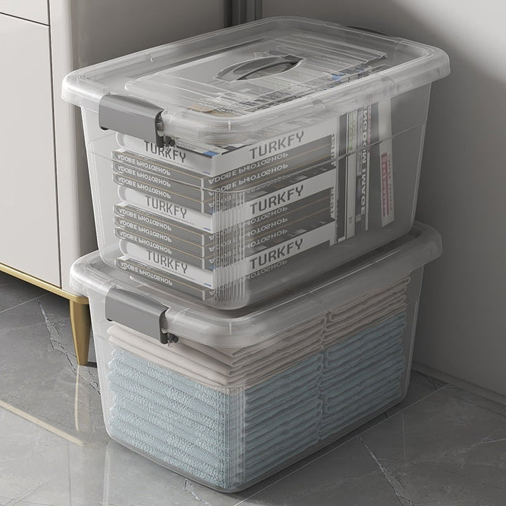 Versatile rolling plastic storage container with a handle, stackable design & latching lid for efficient home storage.