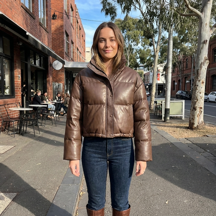 Quilted women's cropped puffer jacket, stylish outerwear with stand collar for warmth & chic winter look.