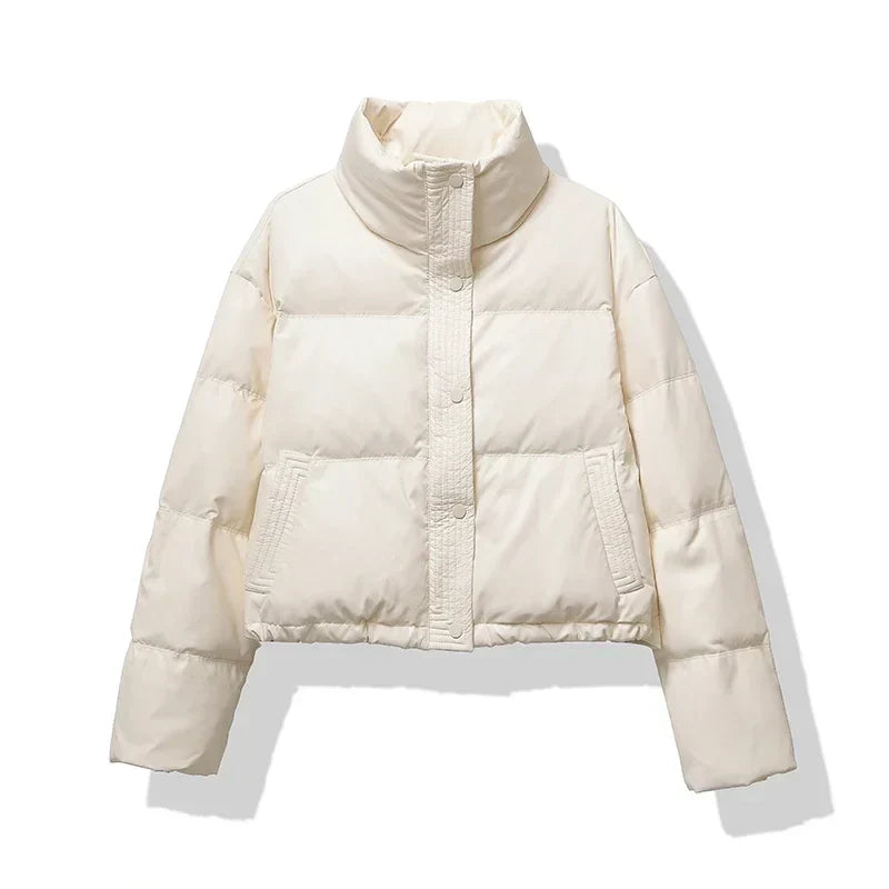 Women's Cropped Puffer Jacket with Stand Collar, offering chic style and warmth for winter fashion.